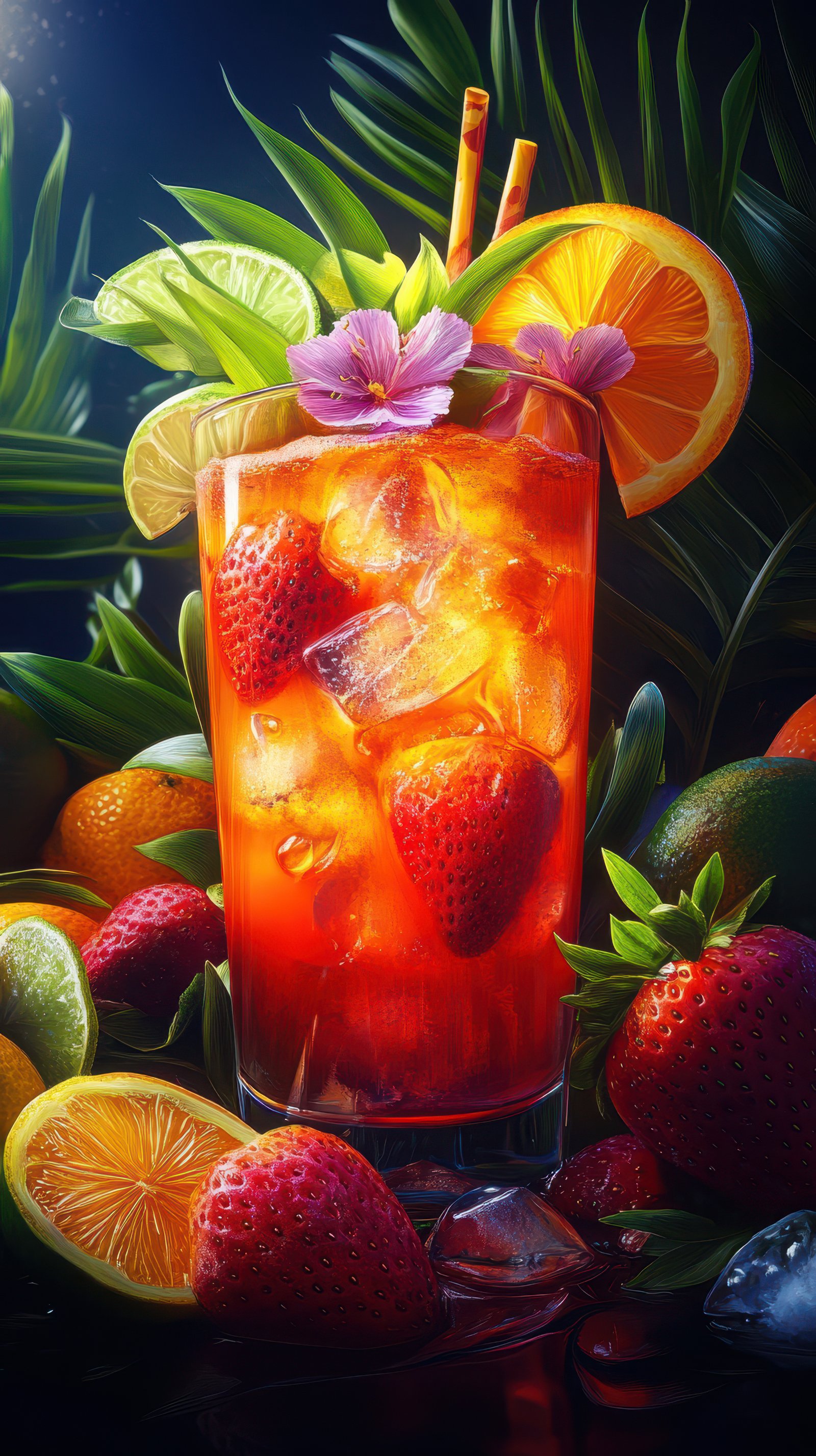 Refreshing tropical cocktail adorned with fresh fruits and flowers in a vibrant setting